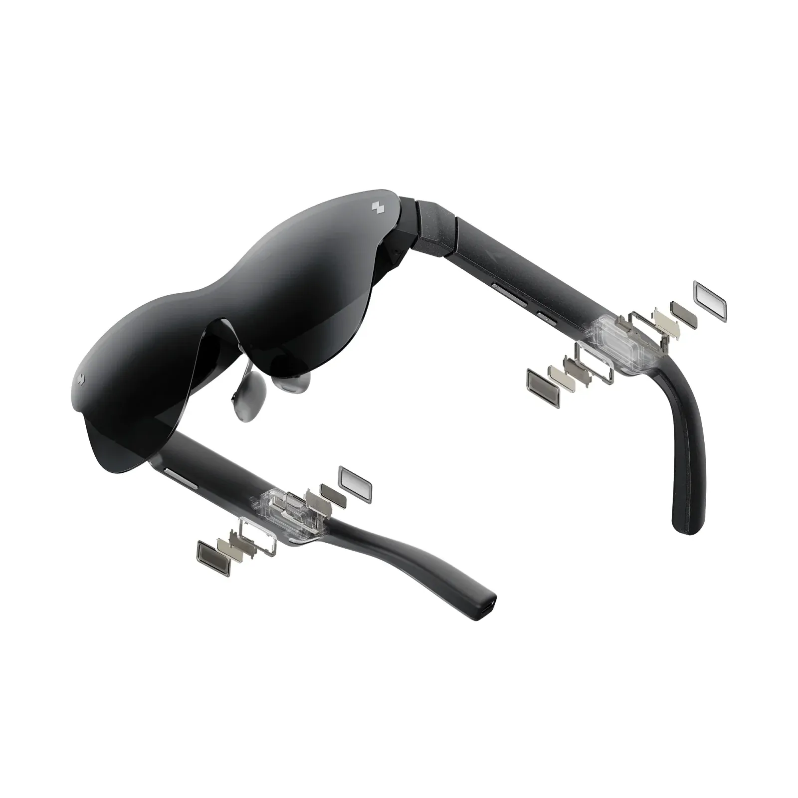 Exploded view of the RayNeo Air 4 Pro showing the temples, nose pads and lens modules