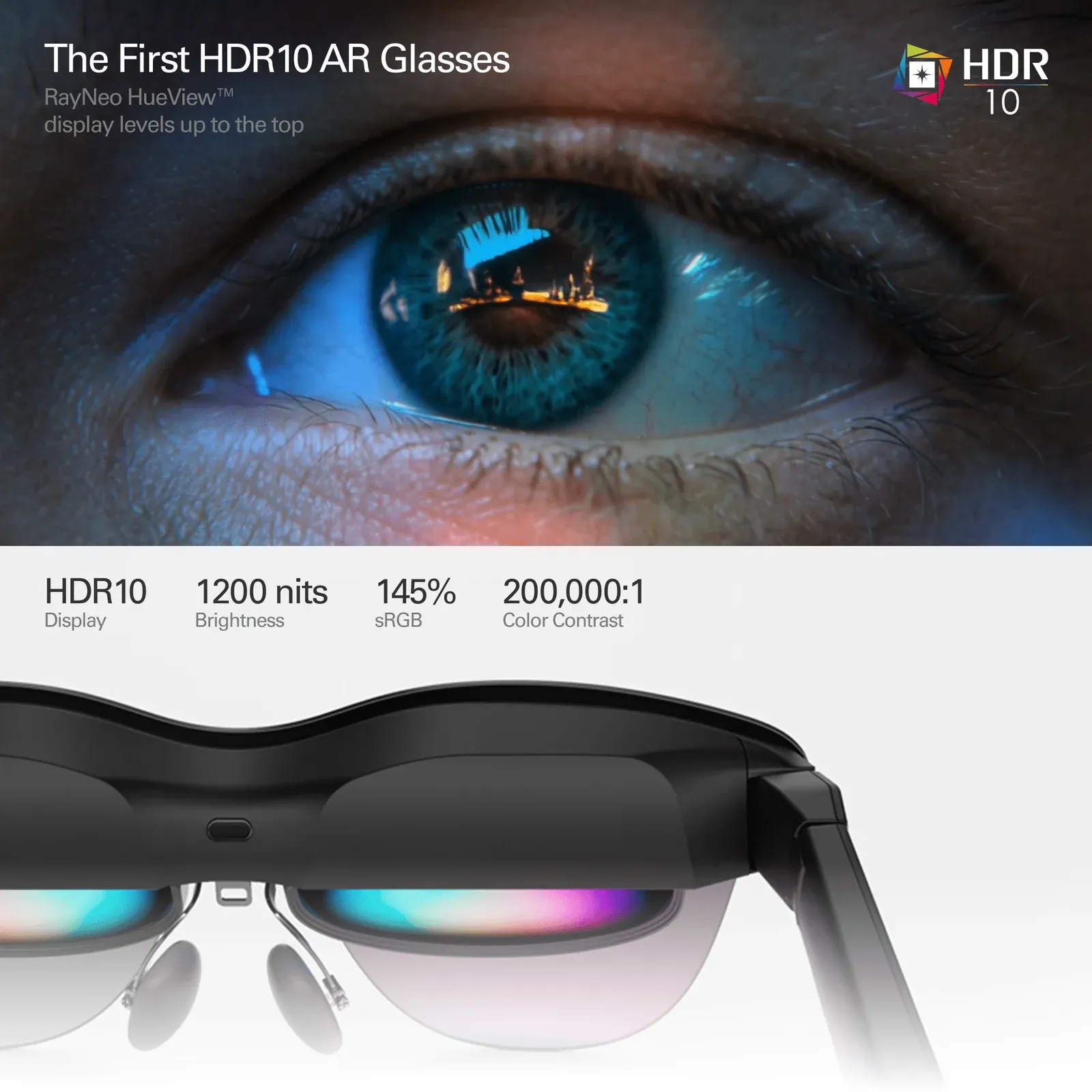 Close-up of an eye with HDR10 imagery reflected in a RayNeo Air 4 Pro lens