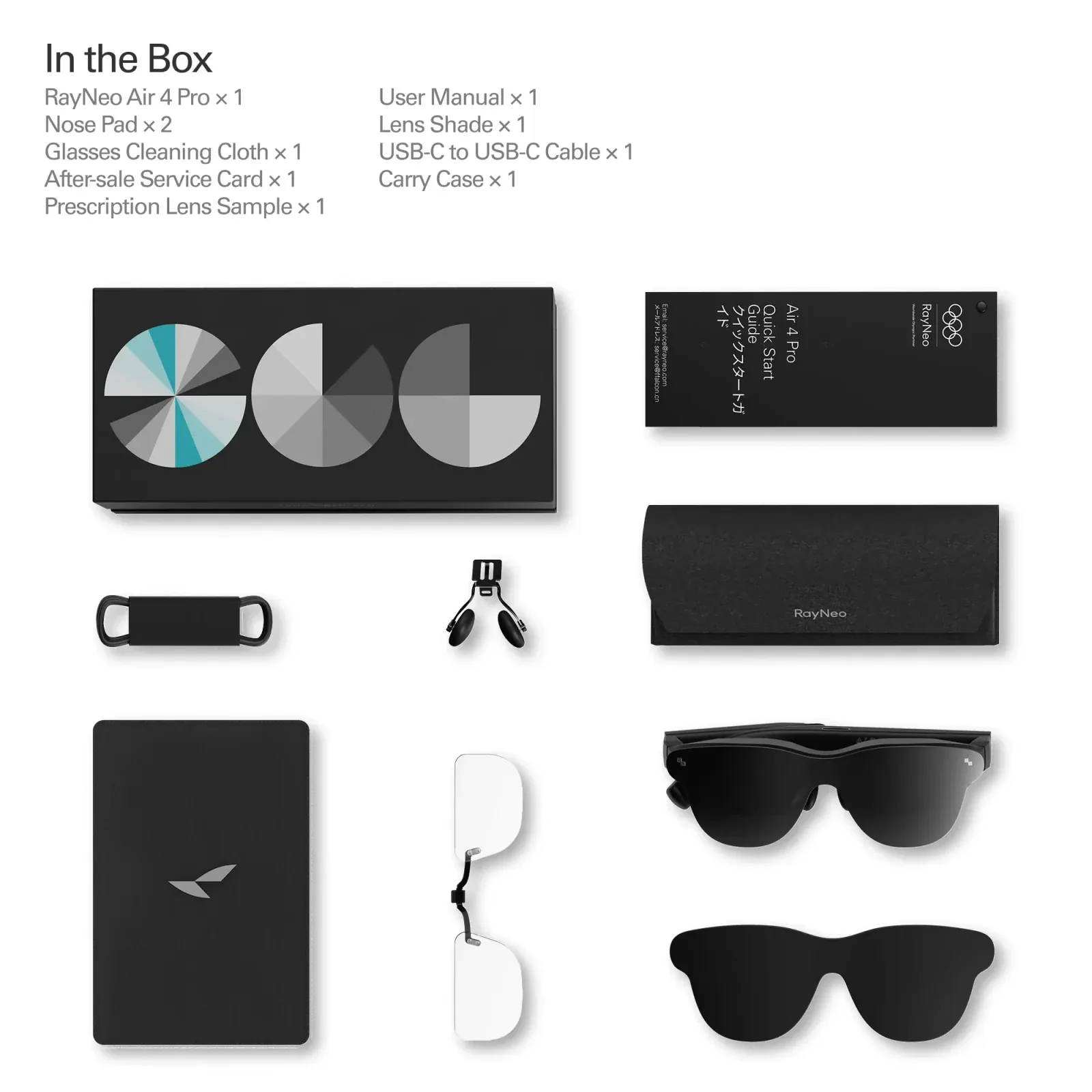 The RayNeo Air 4 Pro retail box contents laid out