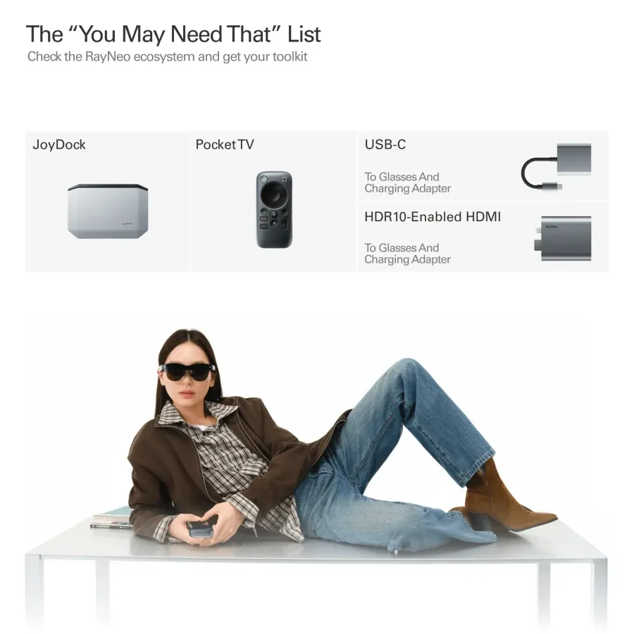 RayNeo accessories: JoyDock, Pocket TV, USB-C adapter and HDR10 HDMI adapter
