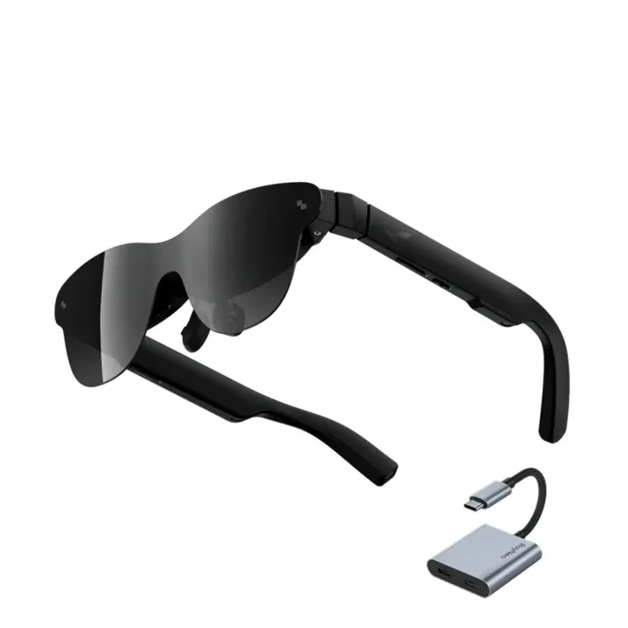 The RayNeo Air 4 Pro AR glasses next to the bundled USB-C adapter